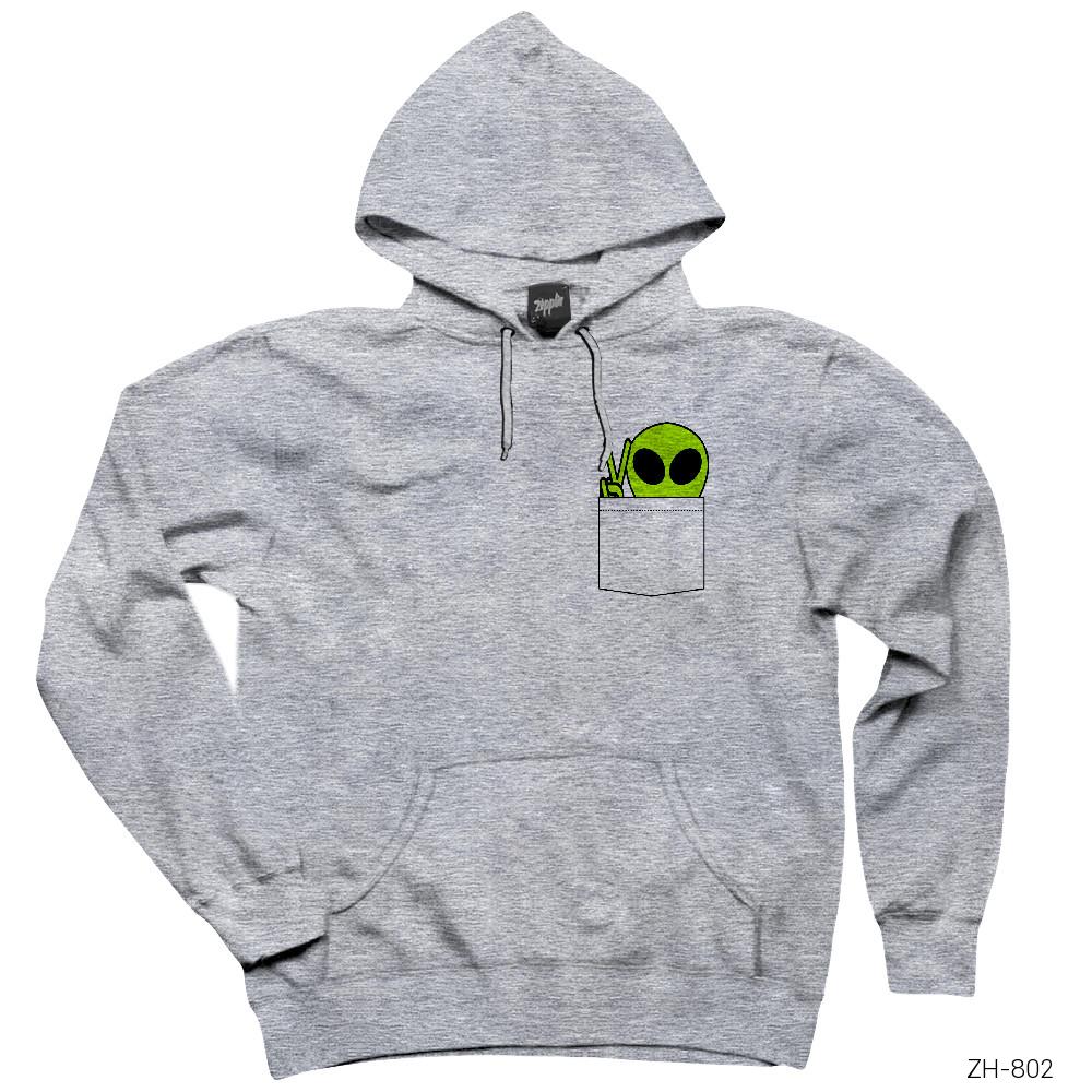 Pocket Alien Gri Kapşonlu Sweatshirt Hoodie