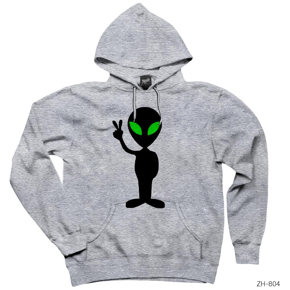 Peaceful Alien Gri Kapşonlu Sweatshirt Hoodie