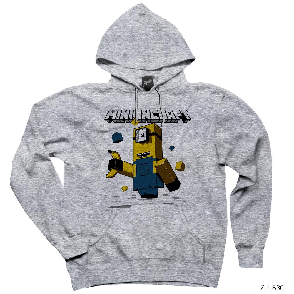 Minion Minecraft Gri Kapşonlu Sweatshirt Hoodie