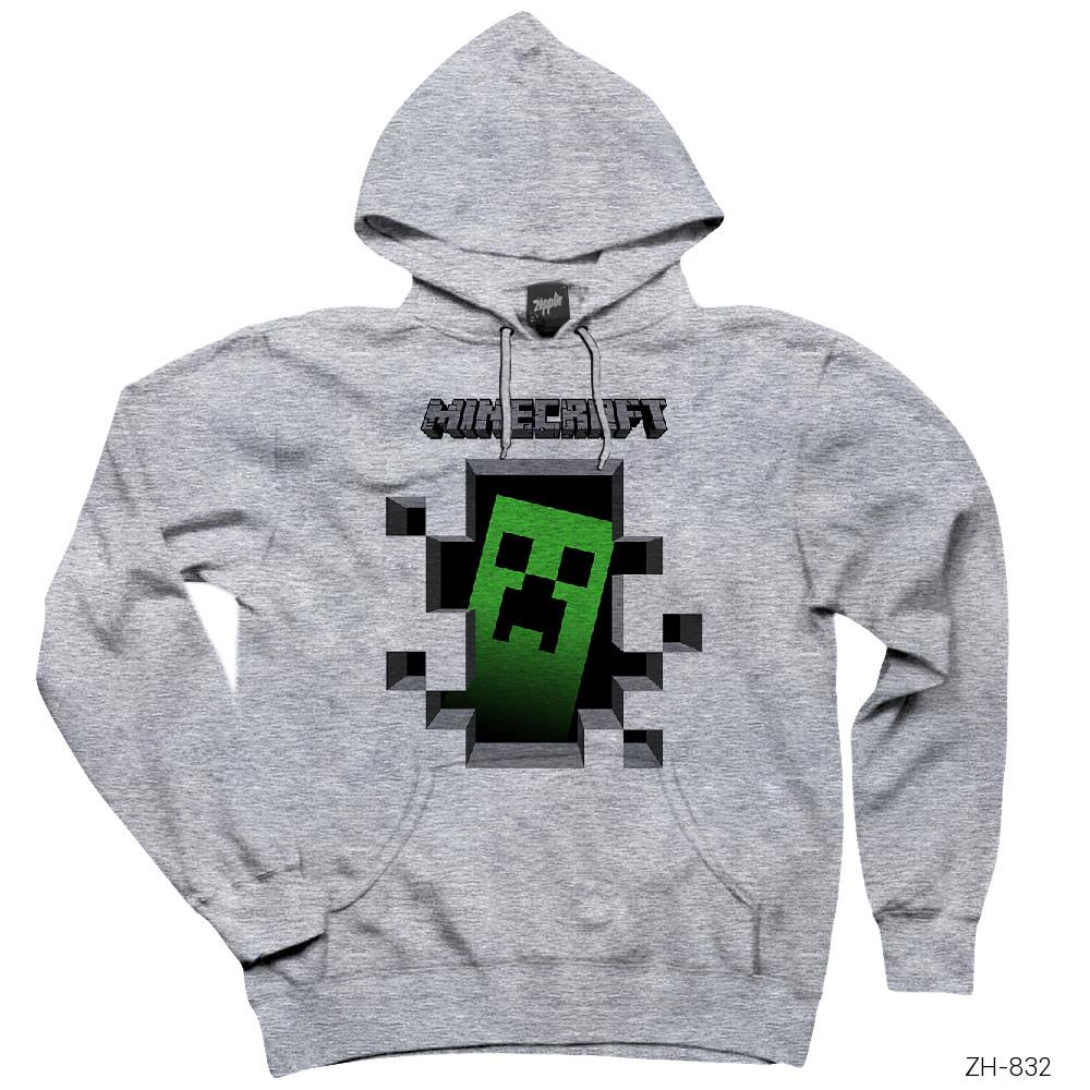 Minecraft Creeper Inside Gri Kapşonlu Sweatshirt Hoodie