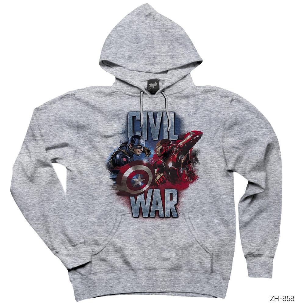 Civil War Captain America Iron Man Gri Kapşonlu Sweatshirt Hoodie