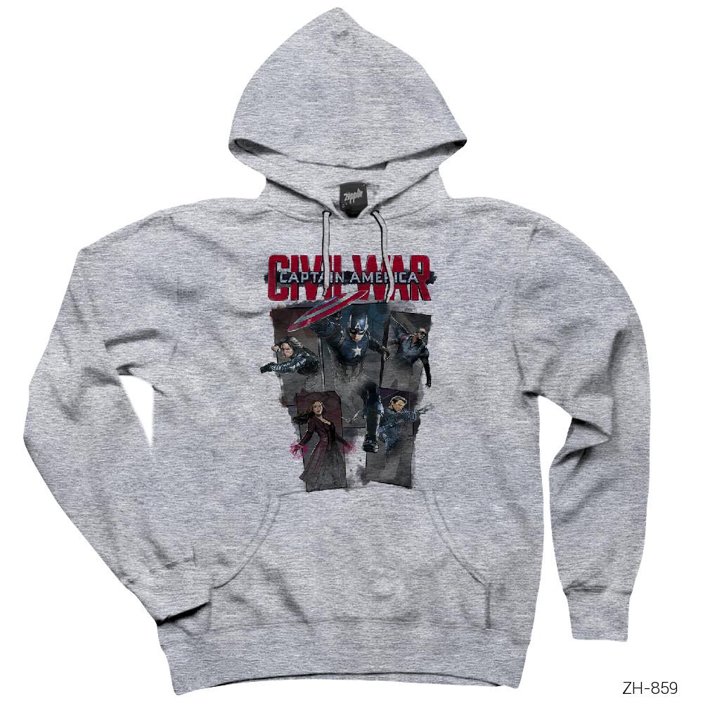 Civil War Team Captain America Gri Kapşonlu Sweatshirt Hoodie