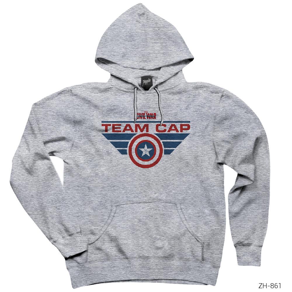 Civil War Team Cap Logo Gri Kapşonlu Sweatshirt Hoodie