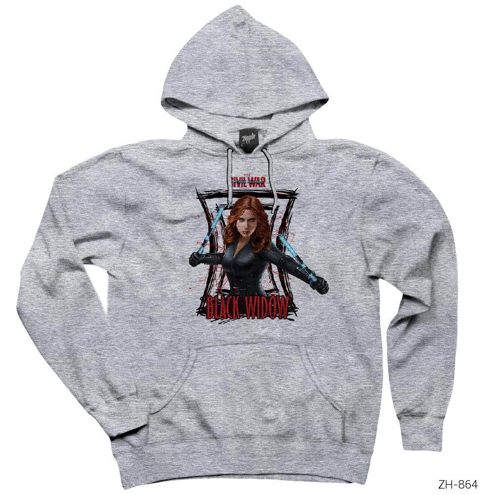 Civil War Black Widow Gri Kapşonlu Sweatshirt Hoodie