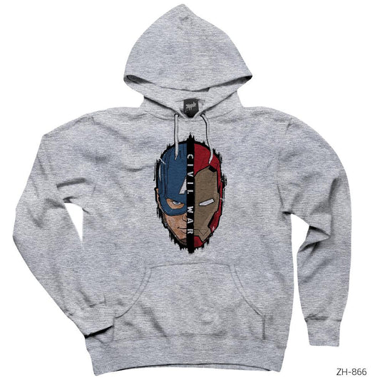 Civil War Iron Man Captain America Face Gri Kapşonlu Sweatshirt Hoodie