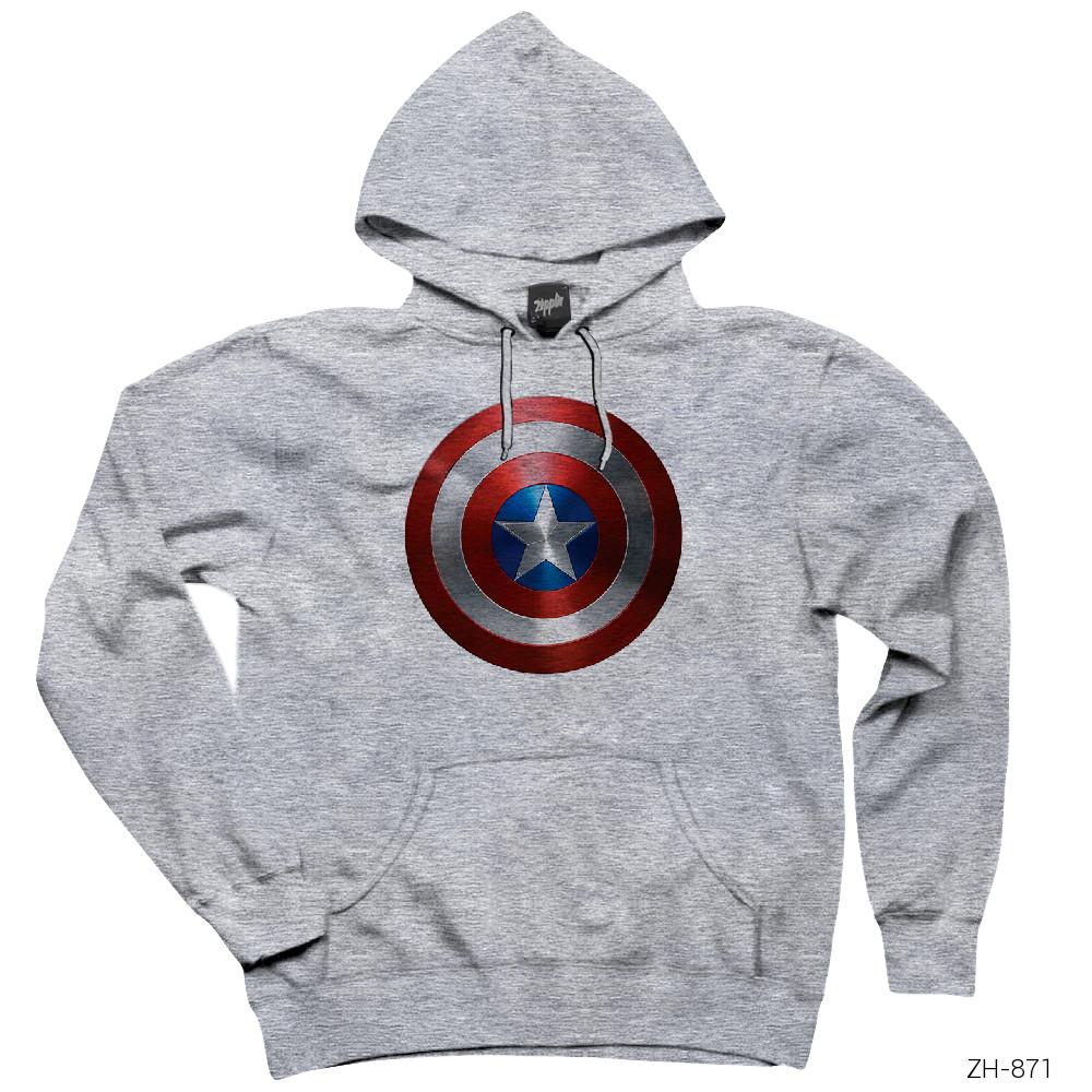 Captain America Sheild Metal Gri Kapşonlu Sweatshirt Hoodie