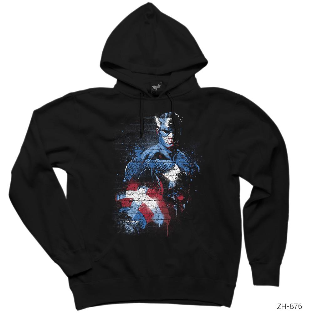 Captain America Stencil 2 Siyah Kapşonlu Sweatshirt Hoodie