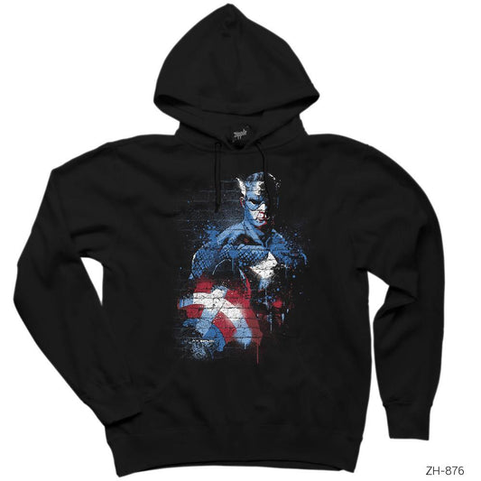 Captain America Stencil 2 Siyah Kapşonlu Sweatshirt Hoodie