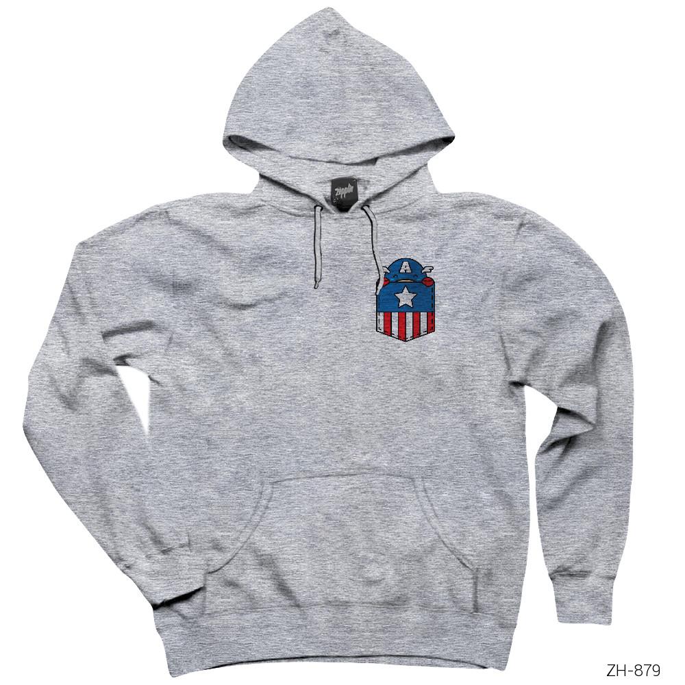 Captain America Pocket Gri Kapşonlu Sweatshirt Hoodie