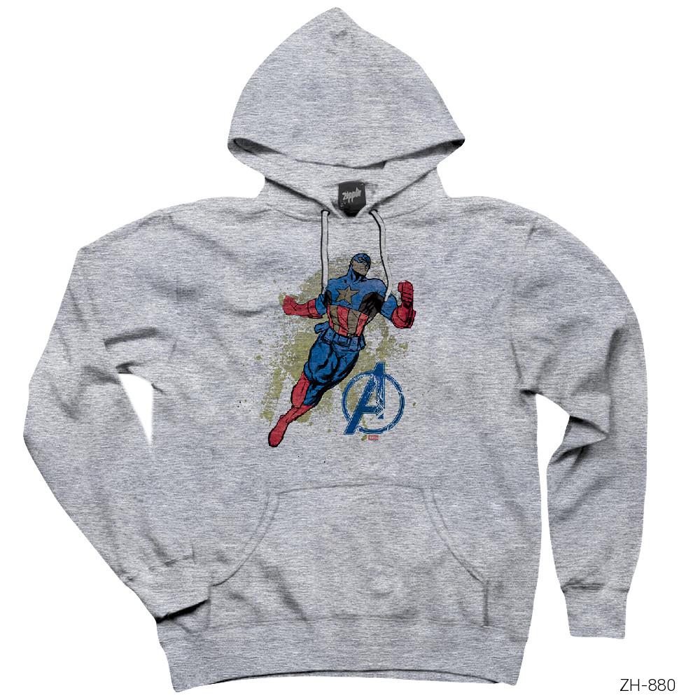 Avengers Captain Grunge Gri Kapşonlu Sweatshirt Hoodie
