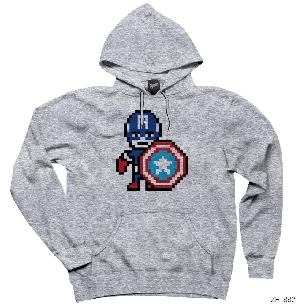 Captain America 8bit Gri Kapşonlu Sweatshirt Hoodie
