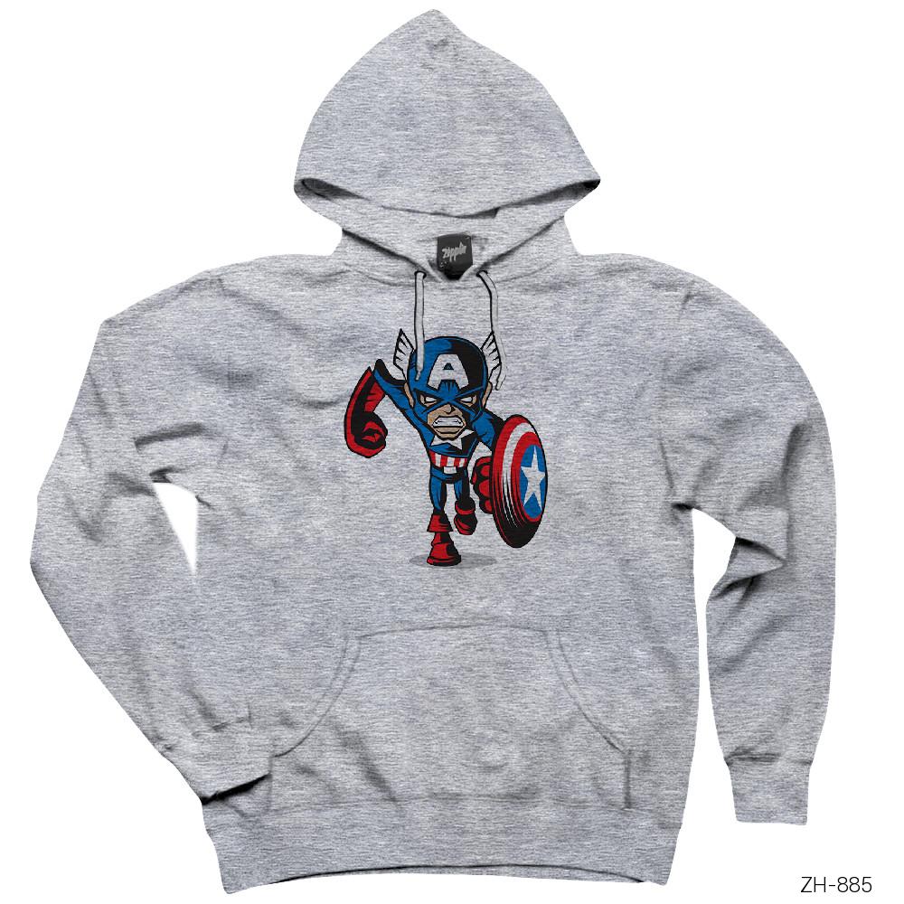 Captain America Cartoon Gri Kapşonlu Sweatshirt Hoodie