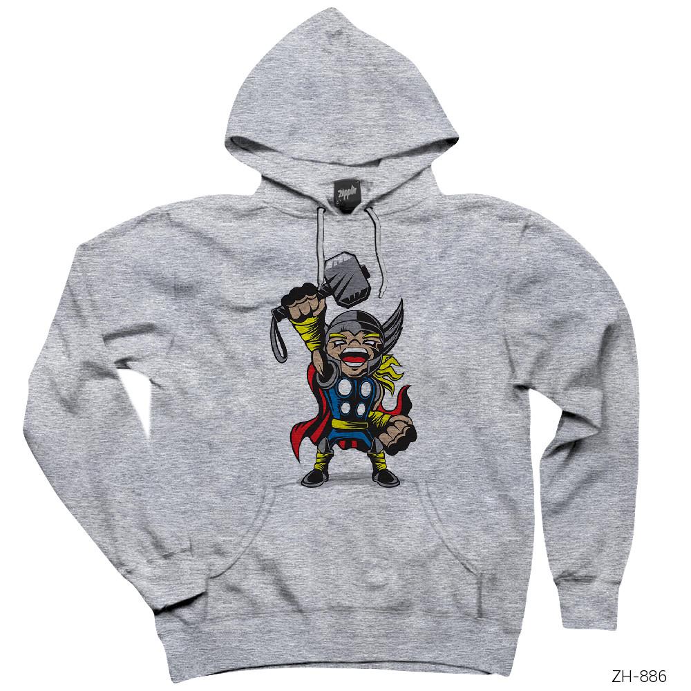 Thor Cartoon Gri Kapşonlu Sweatshirt Hoodie