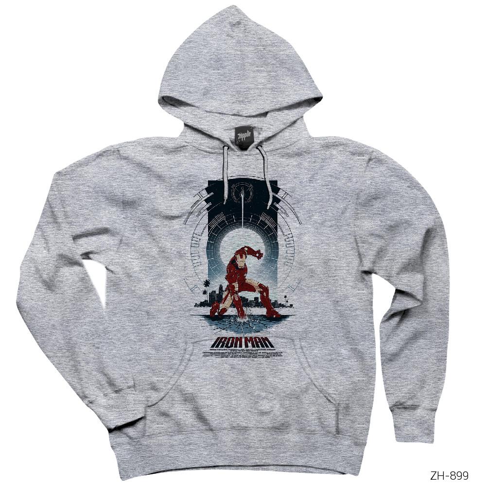 Iron Man Poster Gri Kapşonlu Sweatshirt Hoodie