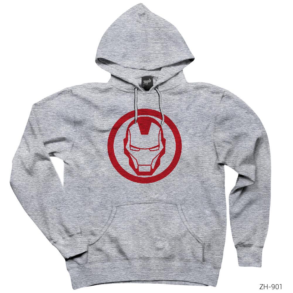 Iron Man Invincible Logo Gri Kapşonlu Sweatshirt Hoodie