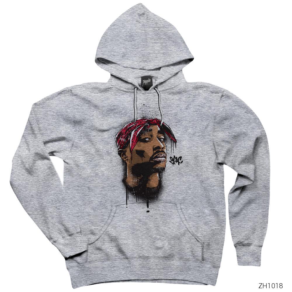 Tupac Shakur Cartoon Artwork Gri Kapşonlu Sweatshirt Hoodie