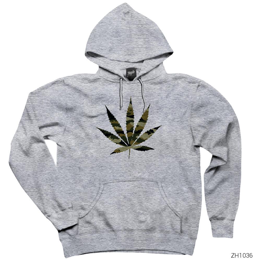 Camo Marijuana Weed Gri Kapşonlu Sweatshirt Hoodie