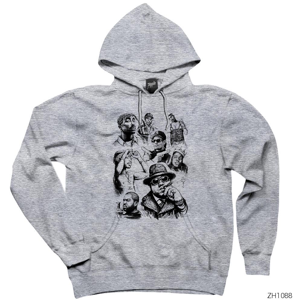Rap Legends Sketch Art 2 Gri Kapşonlu Sweatshirt Hoodie