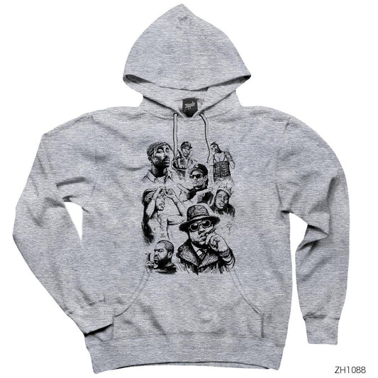 Rap Legends Sketch Art 2 Gri Kapşonlu Sweatshirt Hoodie
