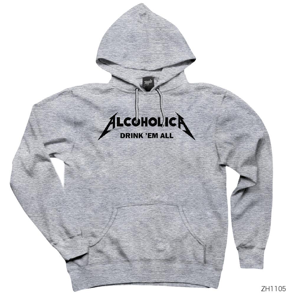 Alcoholica Drink em All Gri Kapşonlu Sweatshirt Hoodie