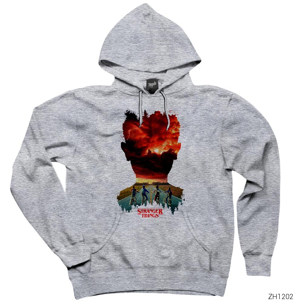 Stranger Things Eleven Siluet Gri Kapşonlu Sweatshirt Hoodie