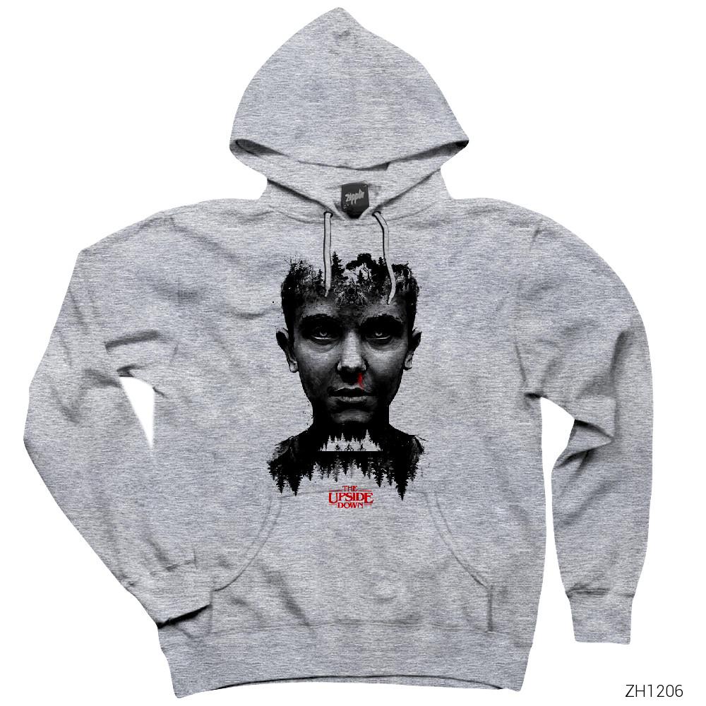 Stranger Things Eleven Face Gri Kapşonlu Sweatshirt Hoodie