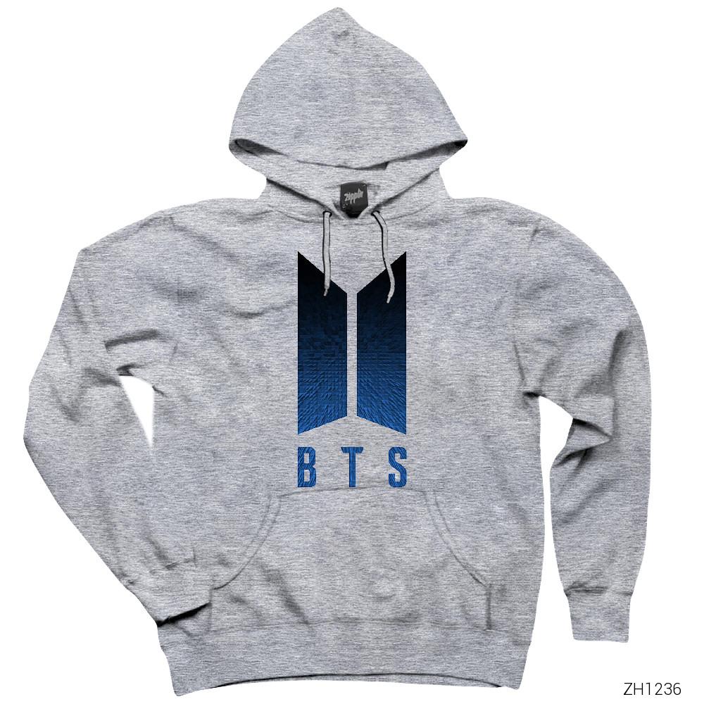 BTS Blue Logo Gri Kapşonlu Sweatshirt Hoodie
