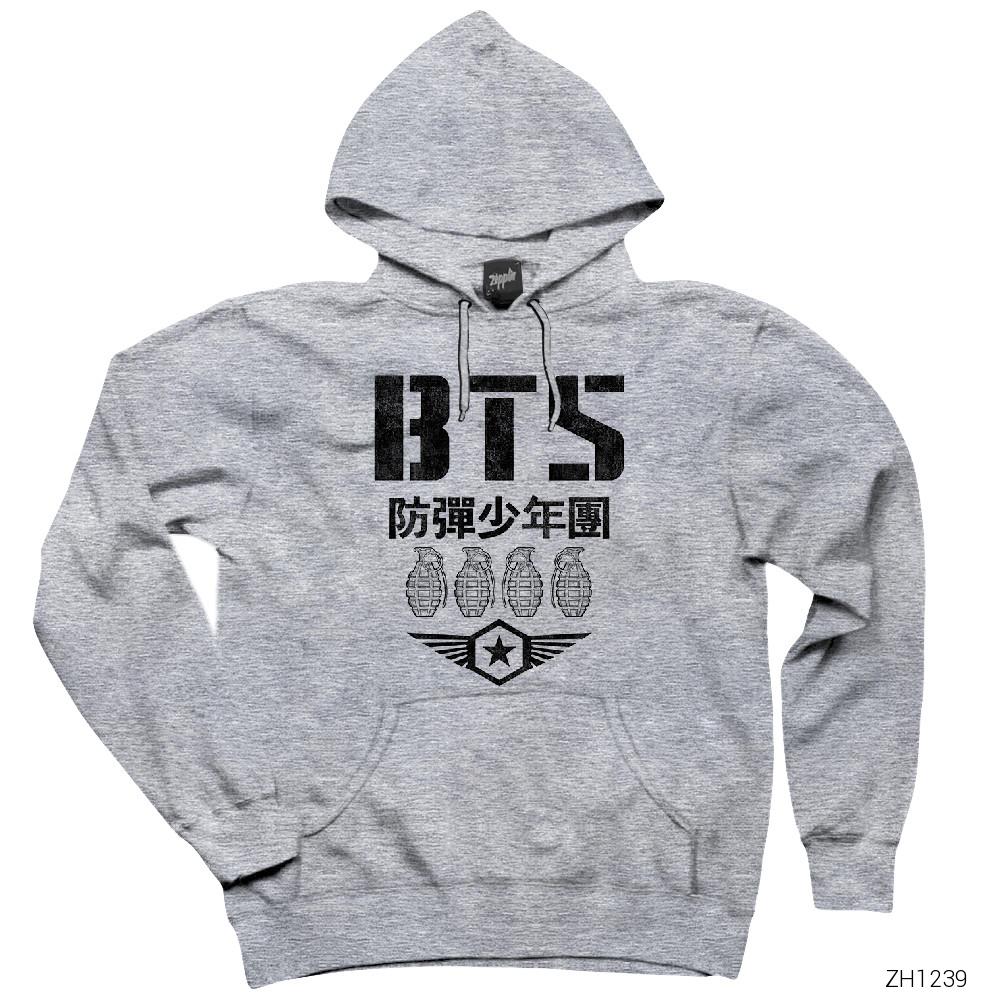 BTS Grenades Gri Kapşonlu Sweatshirt Hoodie