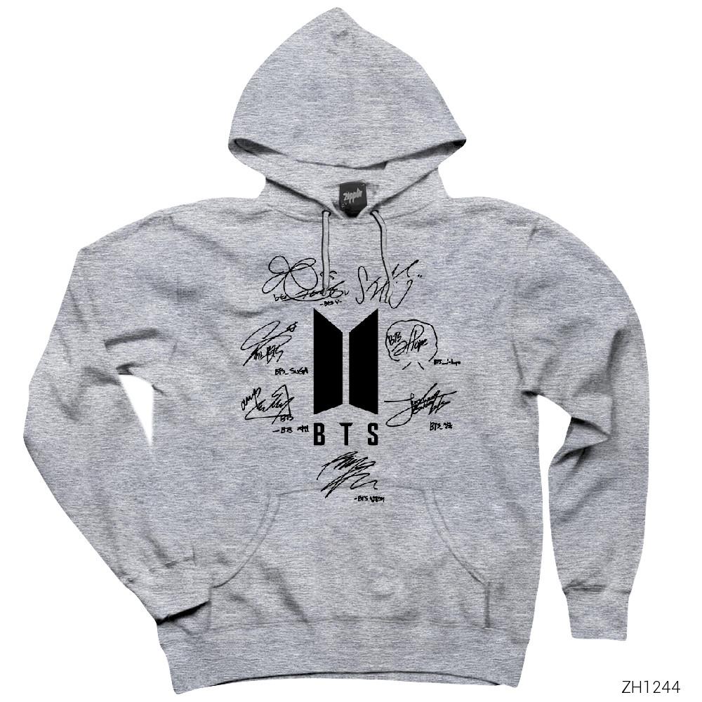 BTS Logo İmzalı Gri Kapşonlu Sweatshirt Hoodie