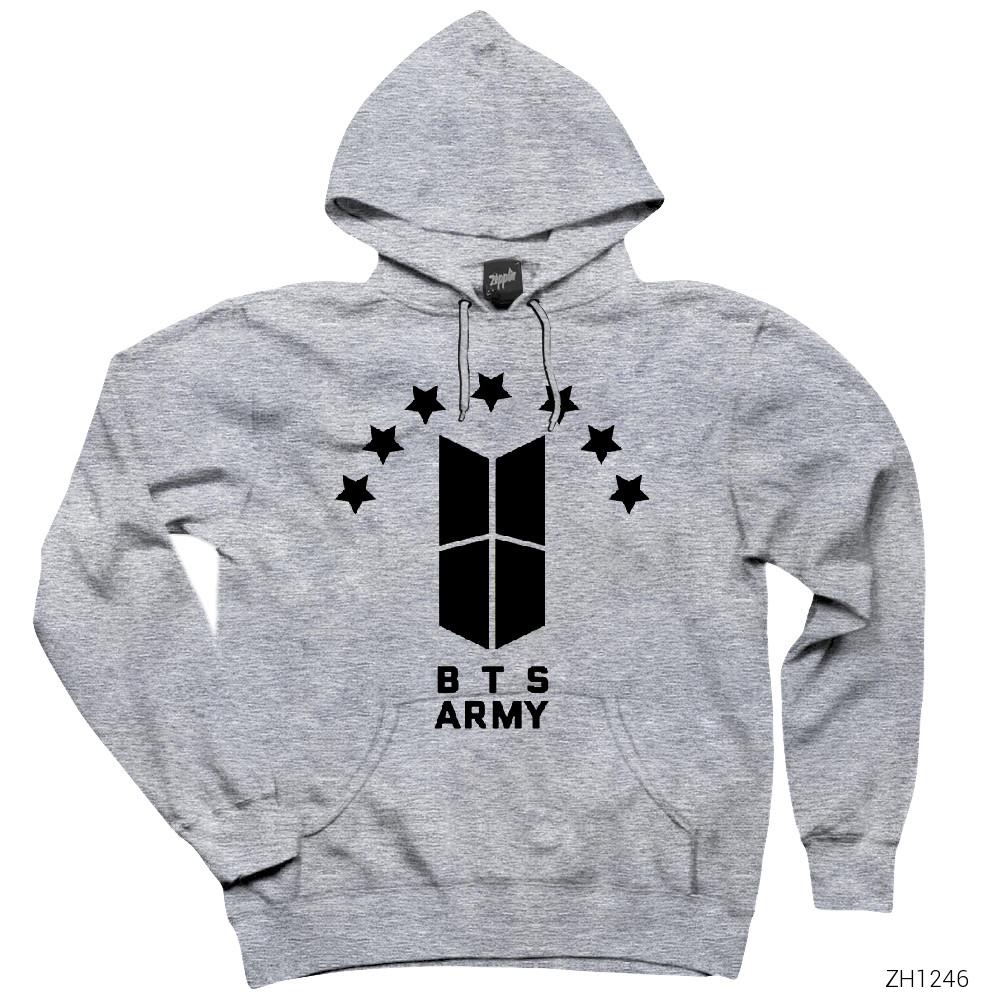 BTS 7 Yıldız Logo Gri Kapşonlu Sweatshirt Hoodie