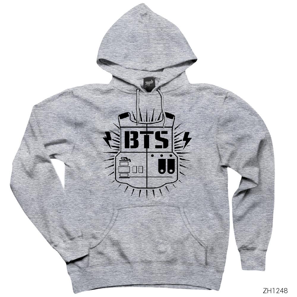 BTS Sheild Mini Logo Gri Kapşonlu Sweatshirt Hoodie