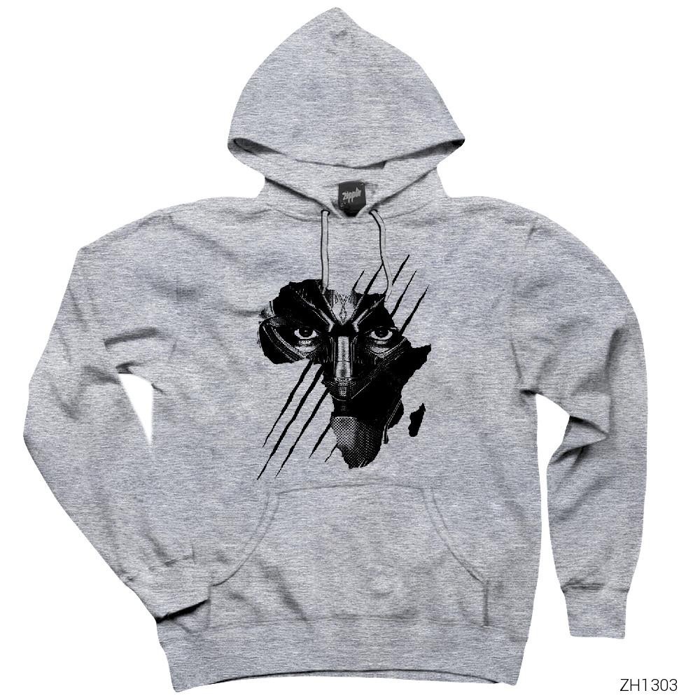 Black Panther Face Gri Kapşonlu Sweatshirt Hoodie