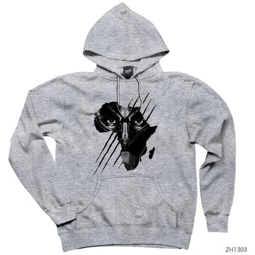 Black Panther Face Gri Kapşonlu Sweatshirt Hoodie