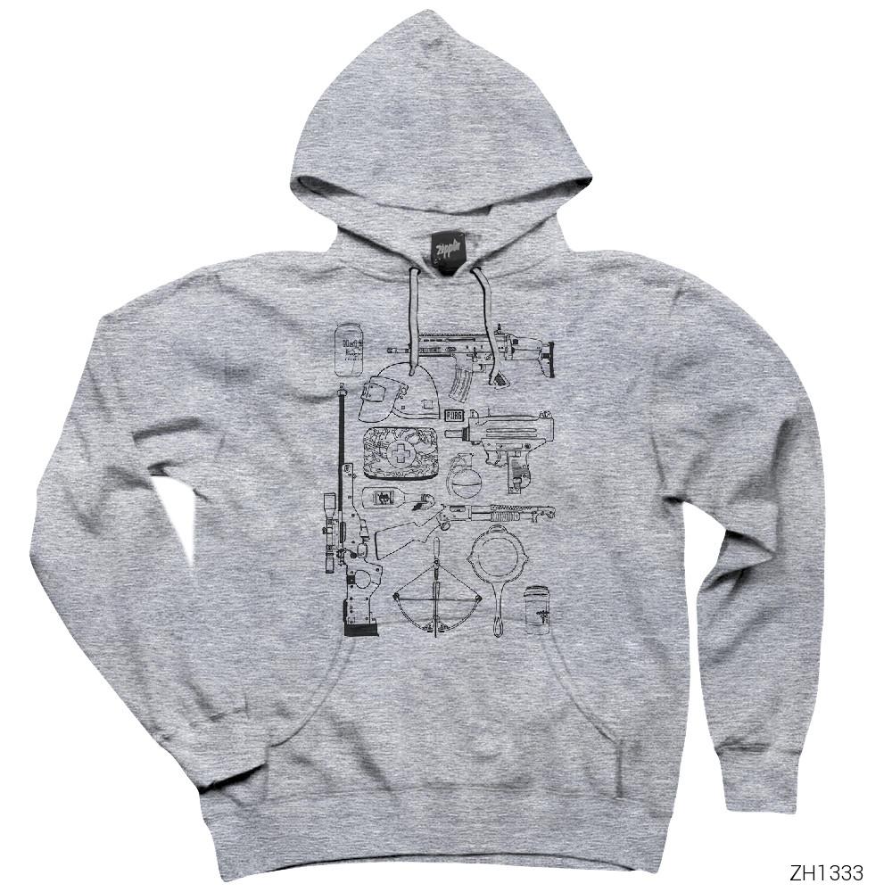 PUBG Items Gri Kapşonlu Sweatshirt Hoodie