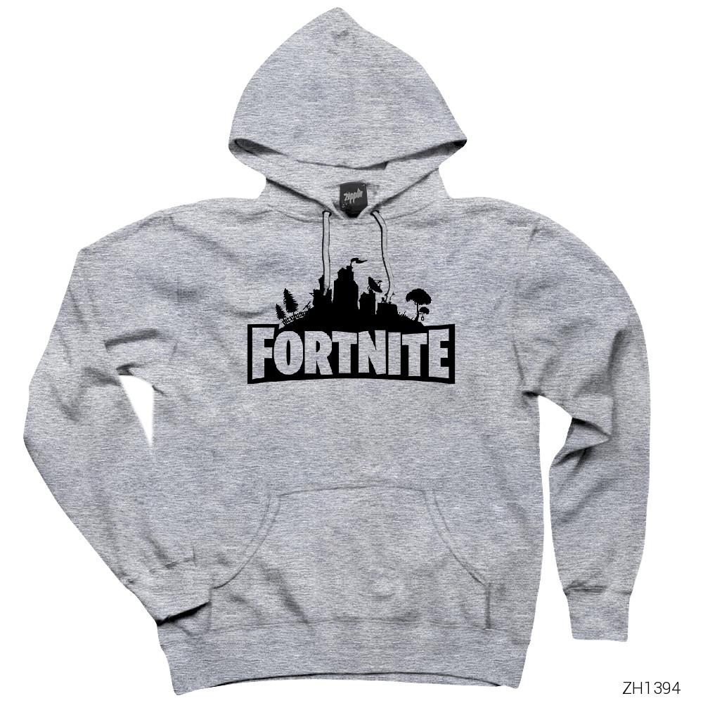 Fortnite Logo 1 Gri Kapşonlu Sweatshirt Hoodie