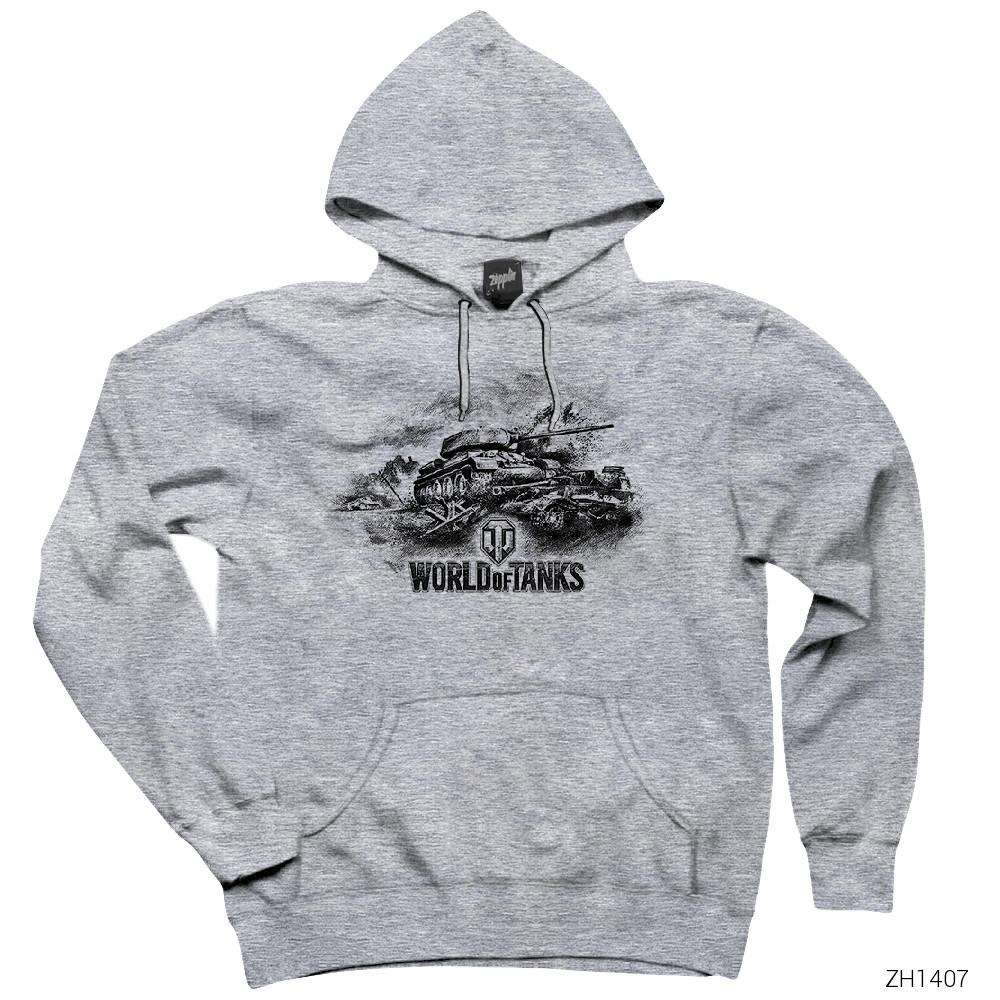 World of Tanks Vintage Gri Kapşonlu Sweatshirt Hoodie