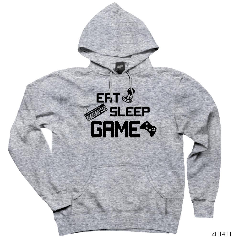 Eat Game Sleep Gri Kapşonlu Sweatshirt Hoodie