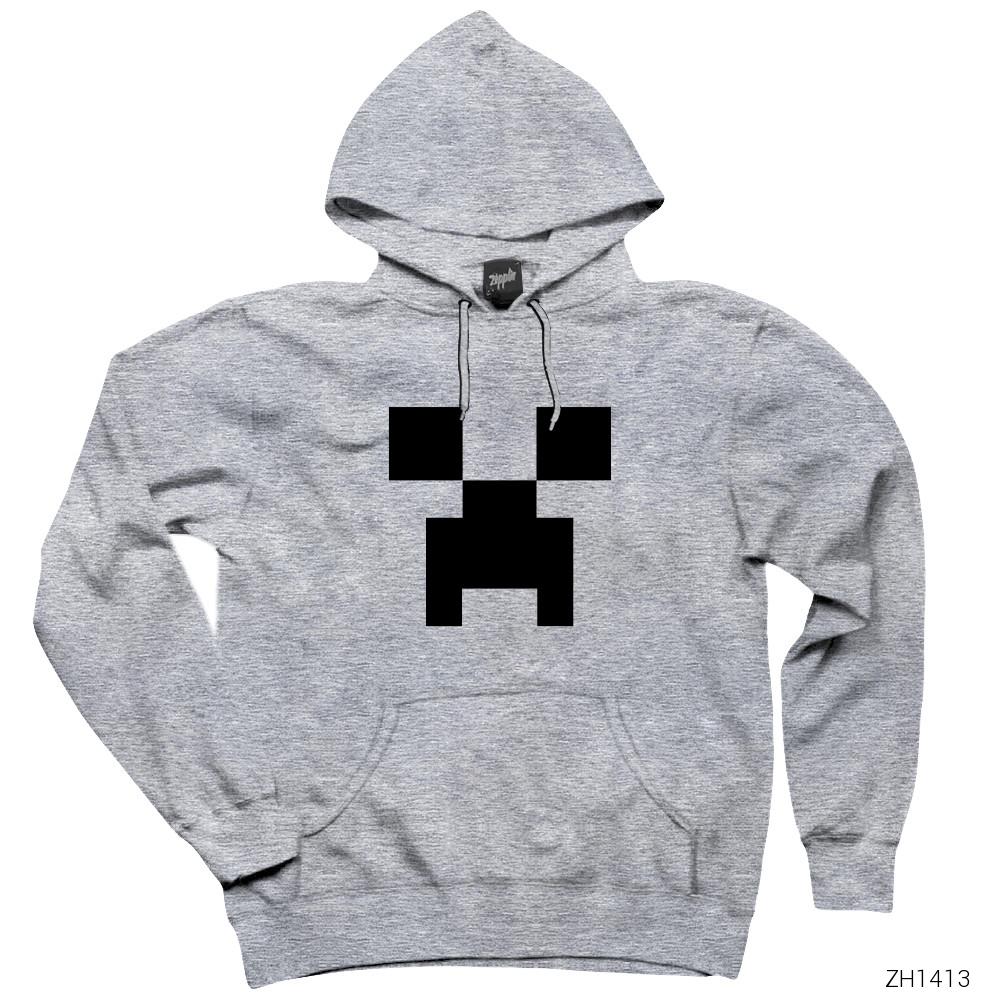 Minecraft Creeper Face Gri Kapşonlu Sweatshirt Hoodie