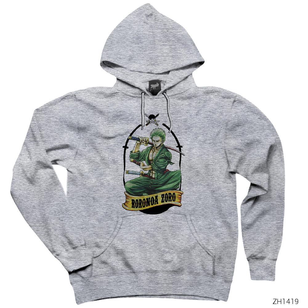 One Piece Roronoa Zoro Gri Kapşonlu Sweatshirt Hoodie