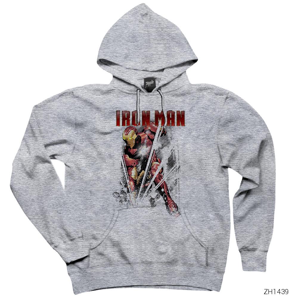 Avengers Infinity War Iron Man Crash Gri Kapşonlu Sweatshirt Hoodie