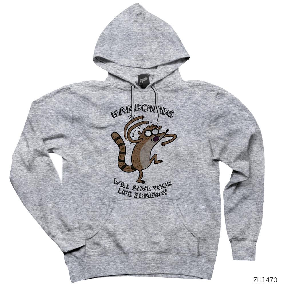 Regular Show Hamboning Gri Kapşonlu Sweatshirt Hoodie