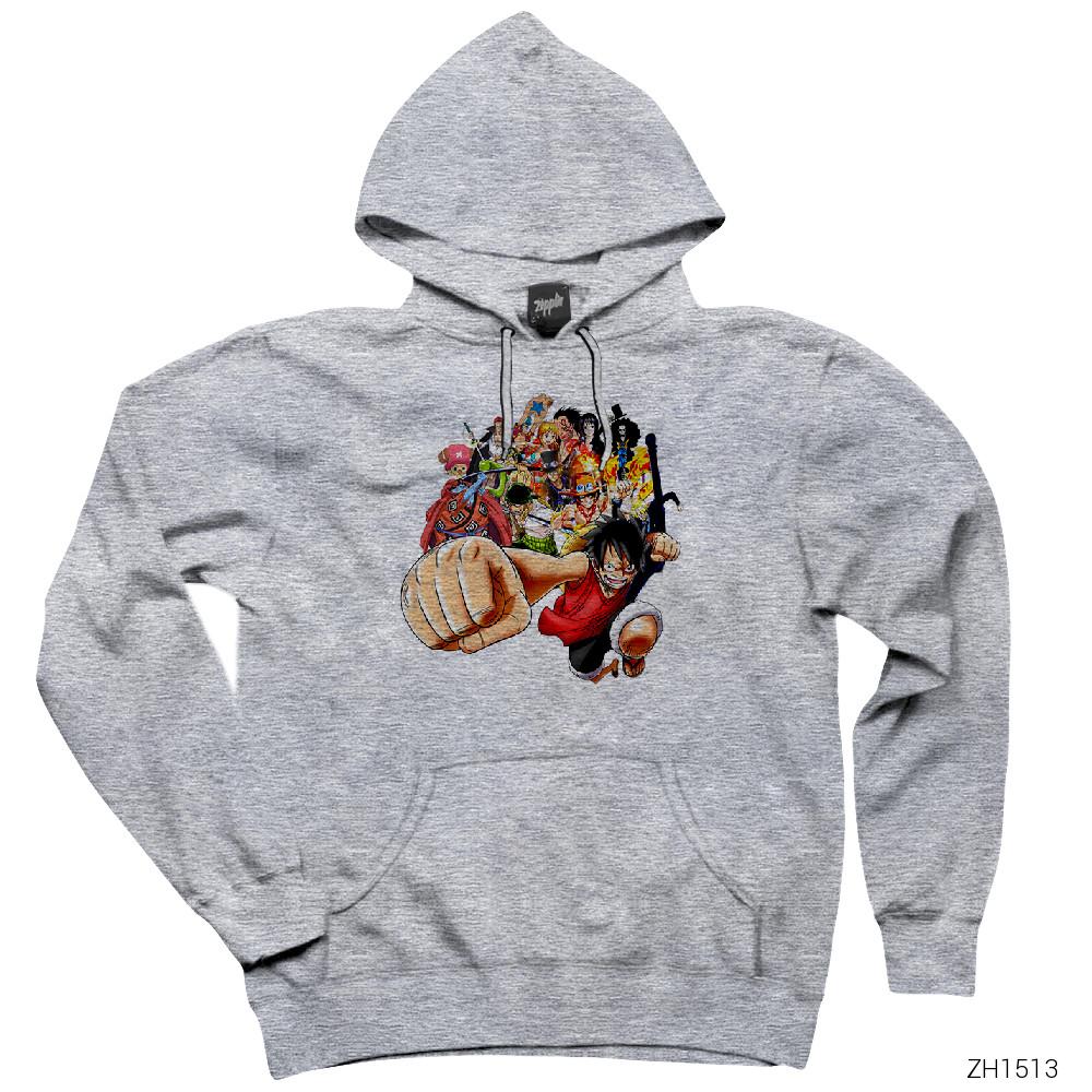 One Piece Characters Gri Kapşonlu Sweatshirt Hoodie