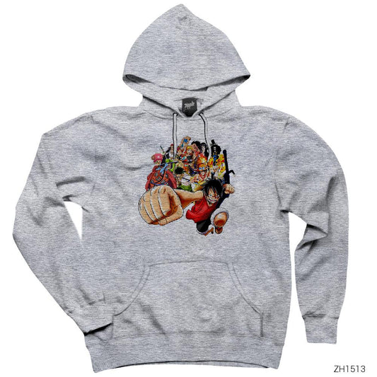 One Piece Characters Gri Kapşonlu Sweatshirt Hoodie