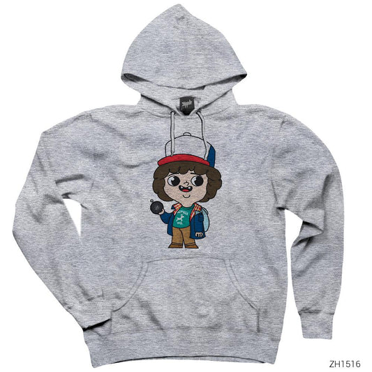 Stranger Things Dustin Cartoon Gri Kapşonlu Sweatshirt Hoodie