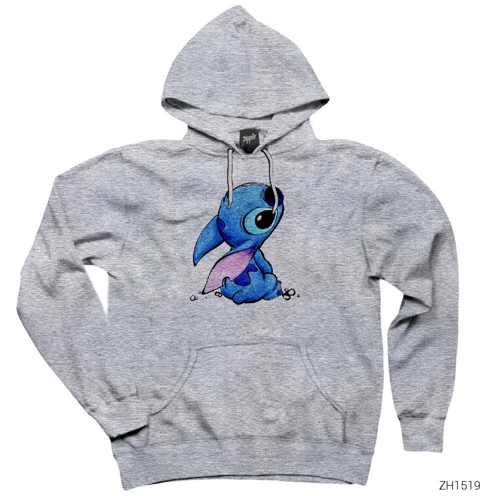 Cute Stitch Gri Kapşonlu Sweatshirt Hoodie