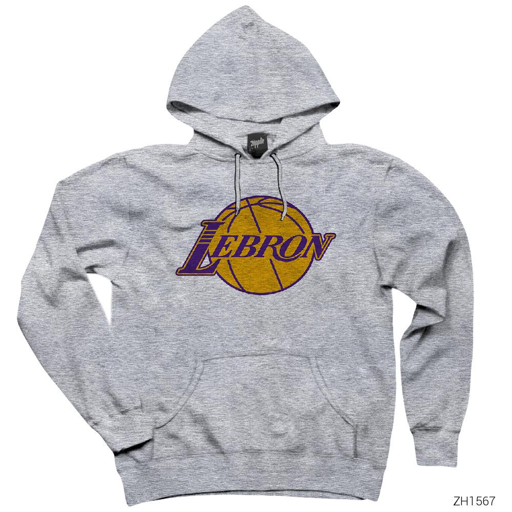 Lebron James Lakers Logo Gri Kapşonlu Sweatshirt Hoodie