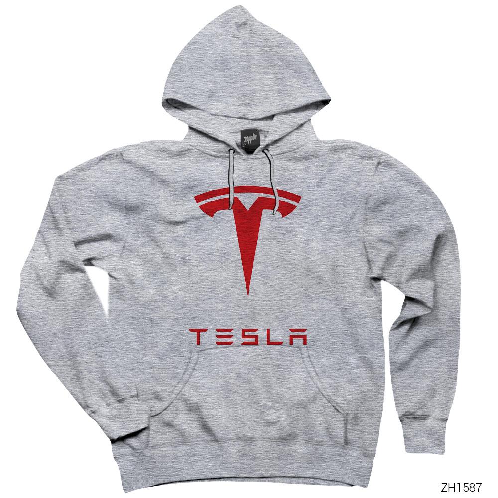 Tesla Gri Kapşonlu Sweatshirt Hoodie