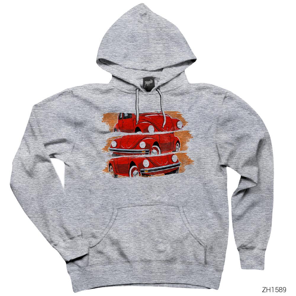 Volkswagen The Beetle Red Gri Kapşonlu Sweatshirt Hoodie