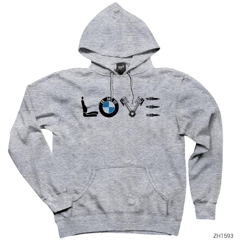 BMW Love Gri Kapşonlu Sweatshirt Hoodie