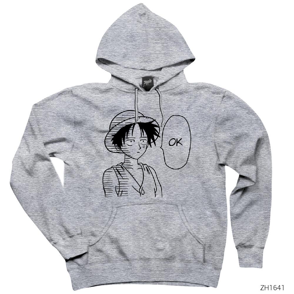 One Piece Luffy Ok Gri Kapşonlu Sweatshirt Hoodie
